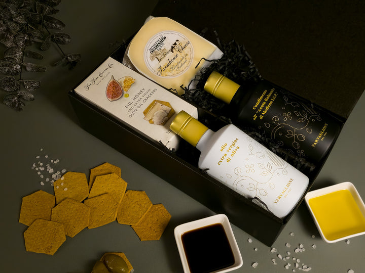 Gourmet Food Gift Box with Extra Virgin Olive Oil, Balsamic, Crackers and Artisan Cheese in a black gift box