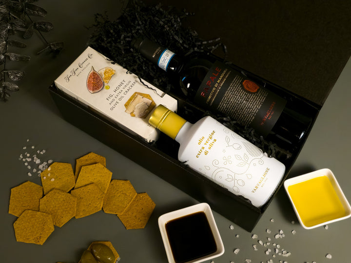 Gourmet Food Gift Box with Extra Virgin Olive Oil, Crackers and Fine Red Wine in a black gift box