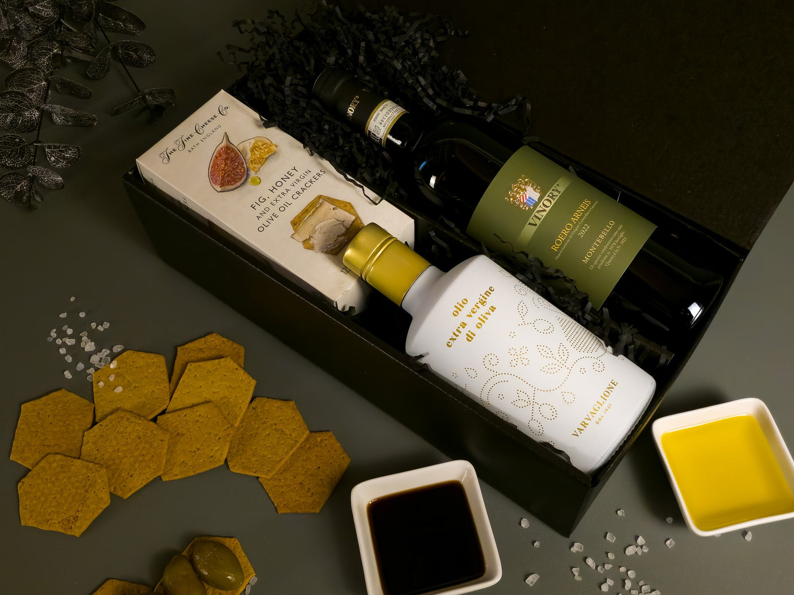 Gourmet Food Gift Box with Extra Virgin Olive Oil, Crackers and Fine White Wine in a black gift box