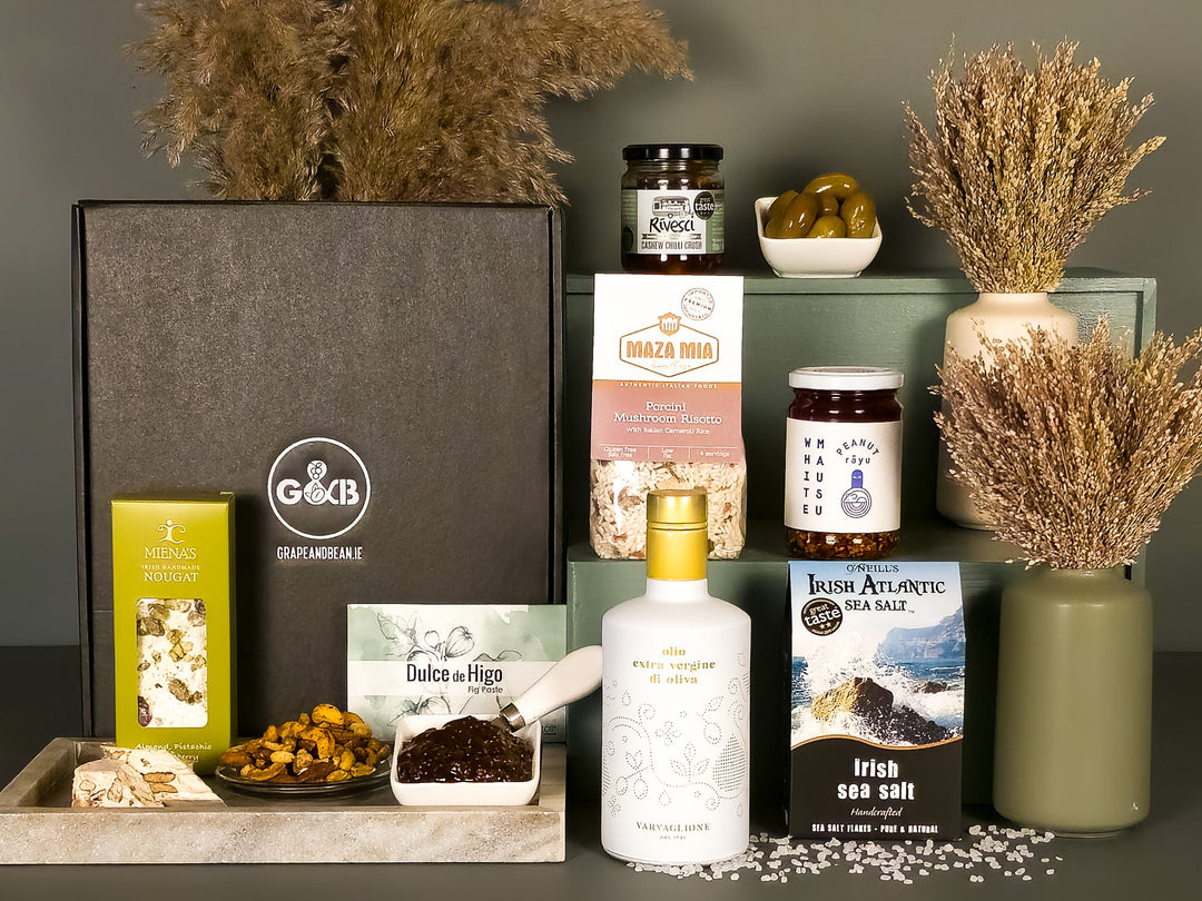 rizotto, nougat, sea salt, olive oil, fig paste, peanut rayu in a black gift box