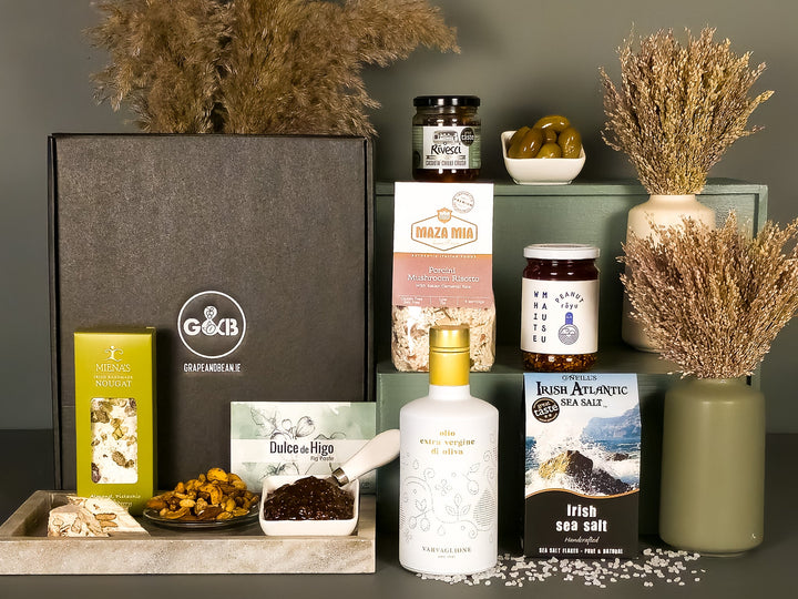 rizotto, nougat, sea salt, olive oil, fig paste, peanut rayu in a black gift box