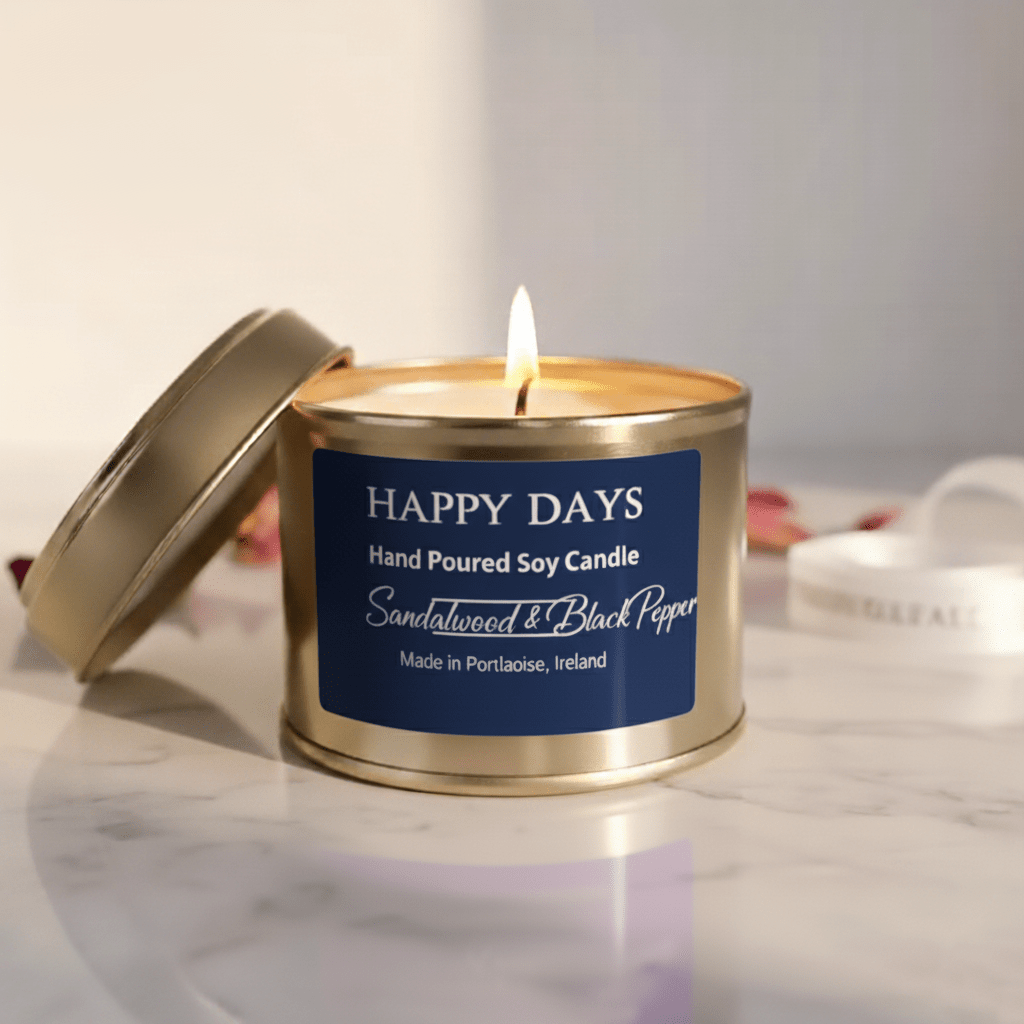 Happy Days Handmade Soy Candle - Sandalwood & Black Pepper - Grape & Bean