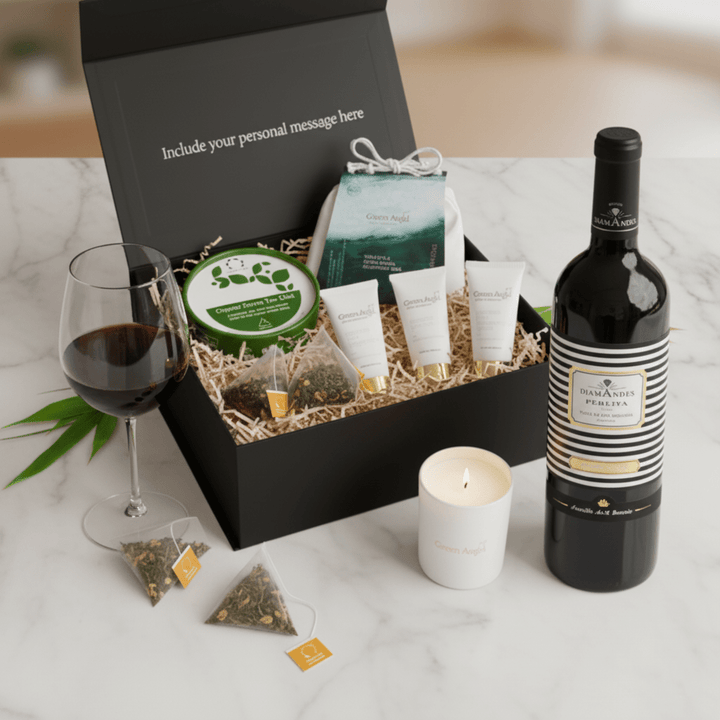 Gift box with wine, tea, and skincare products on a marble surface.