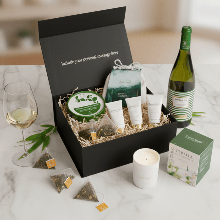 Gift box with skincare products, a bottle of wine, and tea on a marble surface.