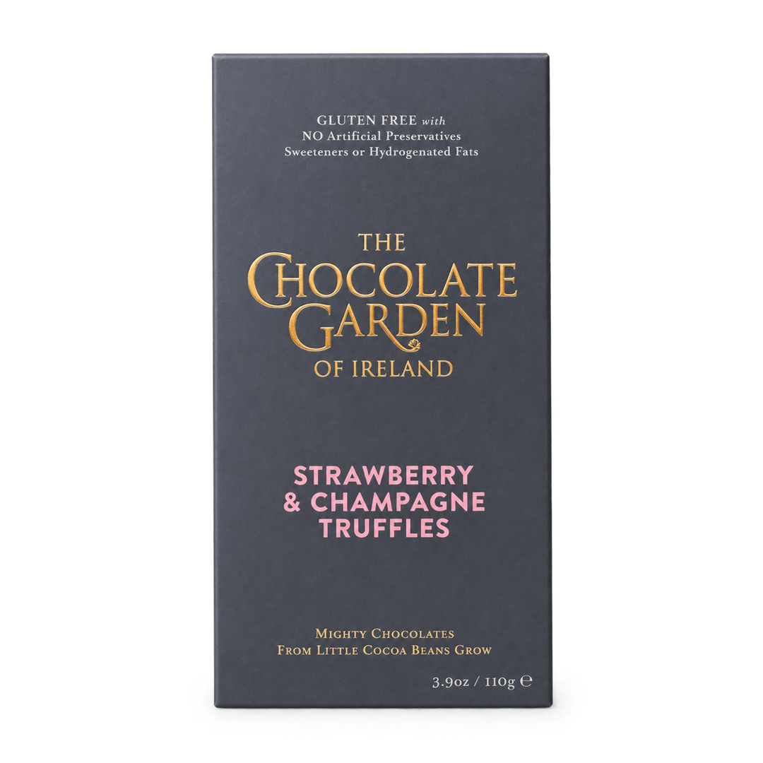 The Chocolate Garden of Ireland Strawberry &amp; Champagne Truffles packaging box, featuring a dark charcoal gray background with gold and pink lettering.
