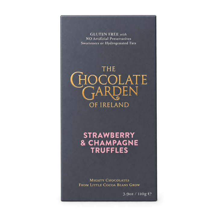The Chocolate Garden of Ireland Strawberry &amp; Champagne Truffles packaging box, featuring a dark charcoal gray background with gold and pink lettering.