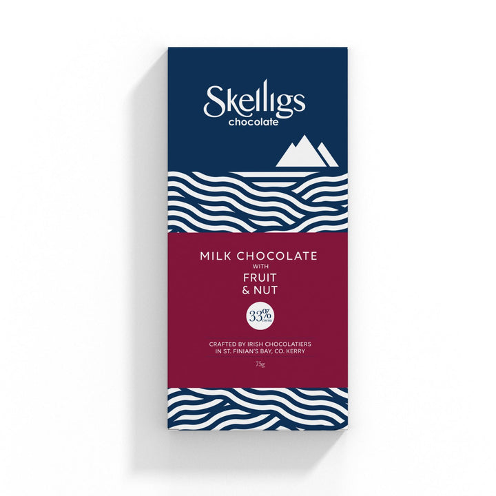 Skellings chocolate bar packaging with wavy design and mountain illustration on a white background