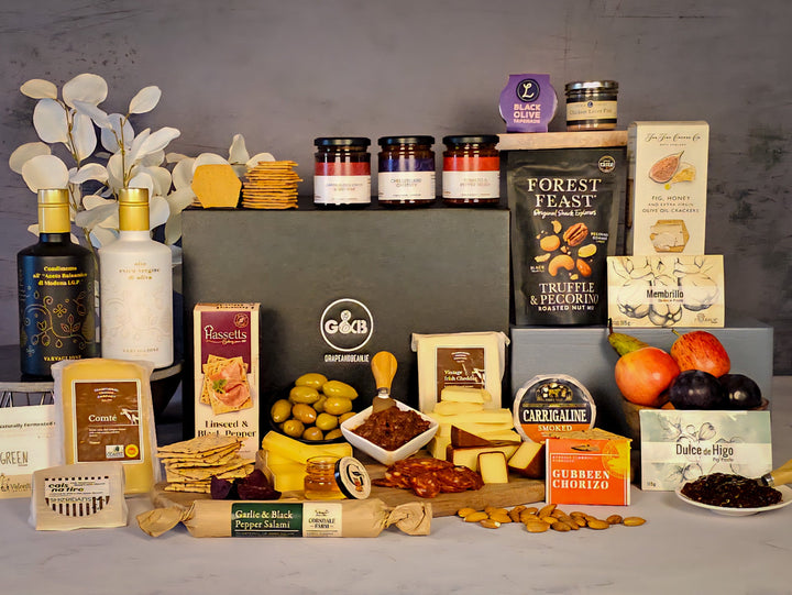 Large Cheese and Chacuterie Hamper in black gift box with olive oil, balsamic, fig paste, chutney salami and chorizo