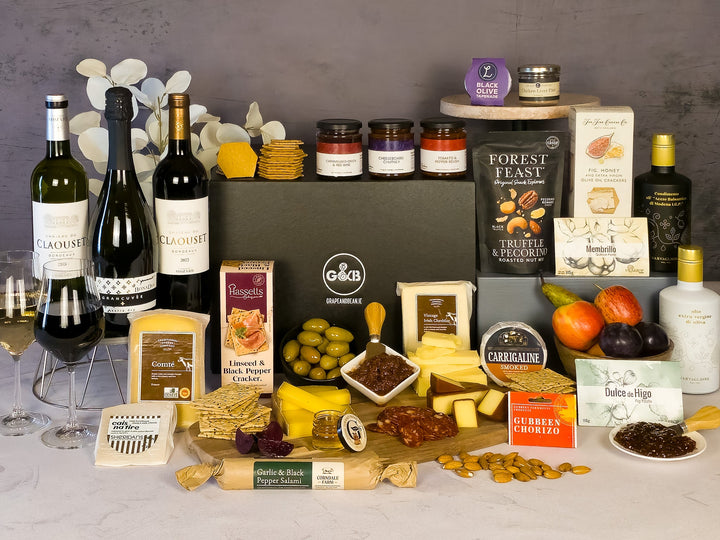Large Cheese and Charcuterie Hamper with Red & White Wine & Prosecco, olive oil, balsamic, fig and quince paste, chutney, pate, tapenade, chorizo and salami