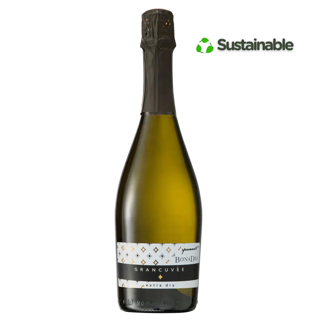 Bottle of Prosecco with a 'Sustainable' label on a white background
