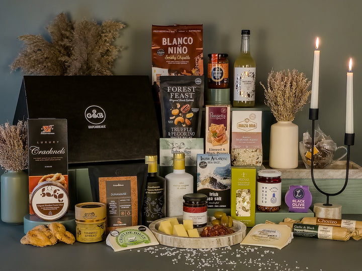 Large Gourmet Foodie Hamper with coffee, olive oil, balsamic, tapenade, chorizo, salami, cheese, tea, risotto, nuts, salsa, nougat, crackers etc.