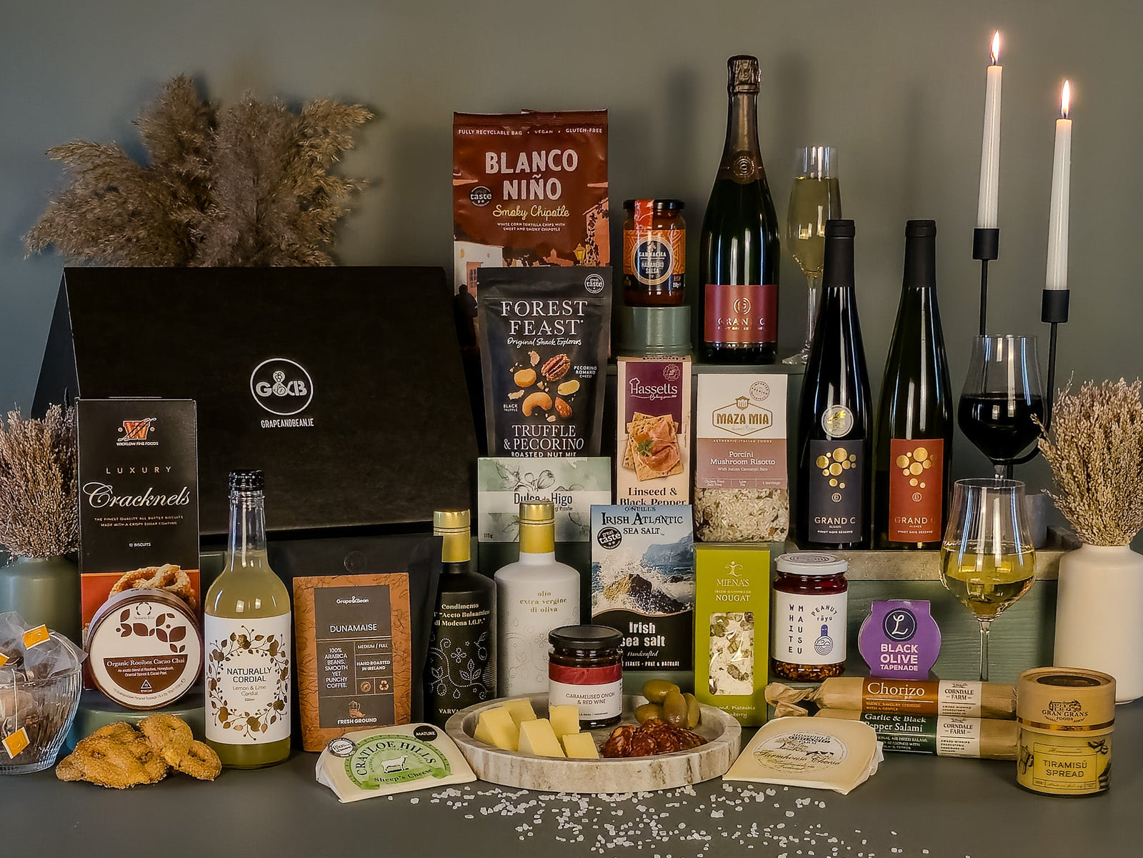 Assorted gourmet food and wine products, with olive oil and balsamic