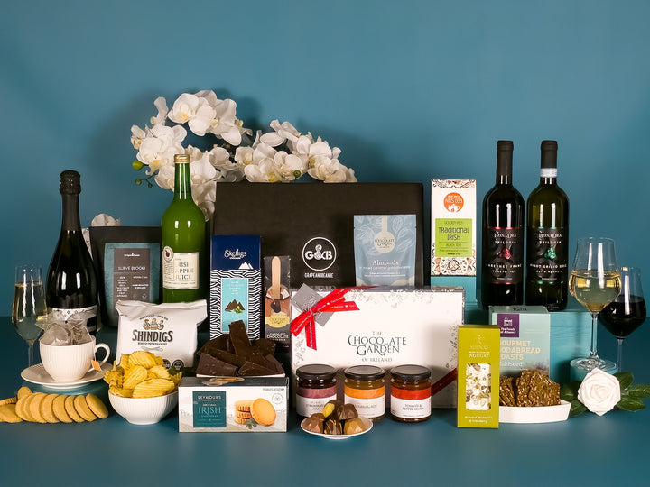 Luxury Irish Hamper with Red & White Wine, Prosecco, chocolates, crisps, relish, tea, coffee, nougat jam and marmalade