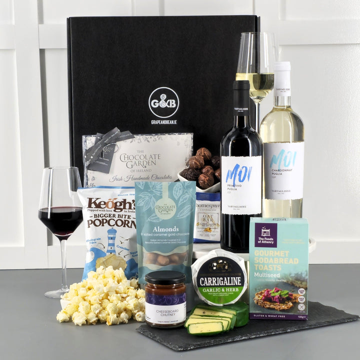 Luxury Gluten Free Irish Hamper with Red & White Wine, chocolate, cheese, chutney, popcorn and sodabread toasts.
