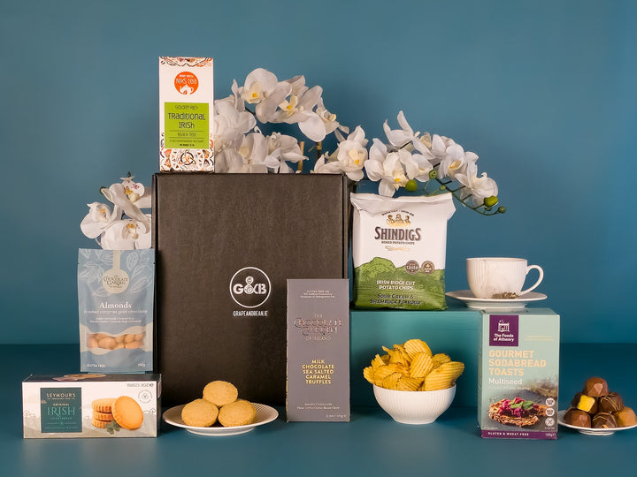 Luxury Irish Artisan Hamper  with crisps, tea, chocolate, biscuit and sodabread toasts.
