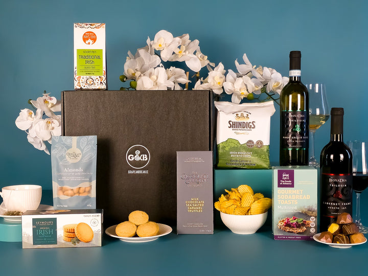 Luxury Irish Artisan Hamper with Red & White Wine, crisps, chocolates, tea and shortbread