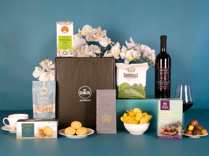 Luxury Irish Artisan Hamper with Red Wine, chocolate, crisps, shortbread, sodabread toasts and tea