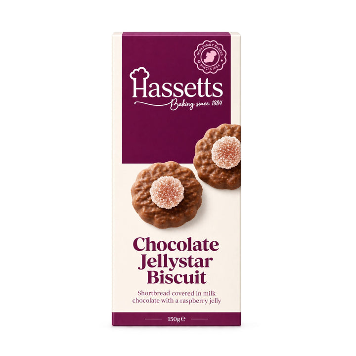 A 150g box of Hassetts Chocolate Jellystar Biscuit, featuring a cream-colored background with a dark purple header and images of chocolate-covered jellystar biscuits.