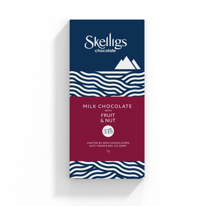 Skellings chocolate bar packaging with wavy design and mountain illustration on a white background