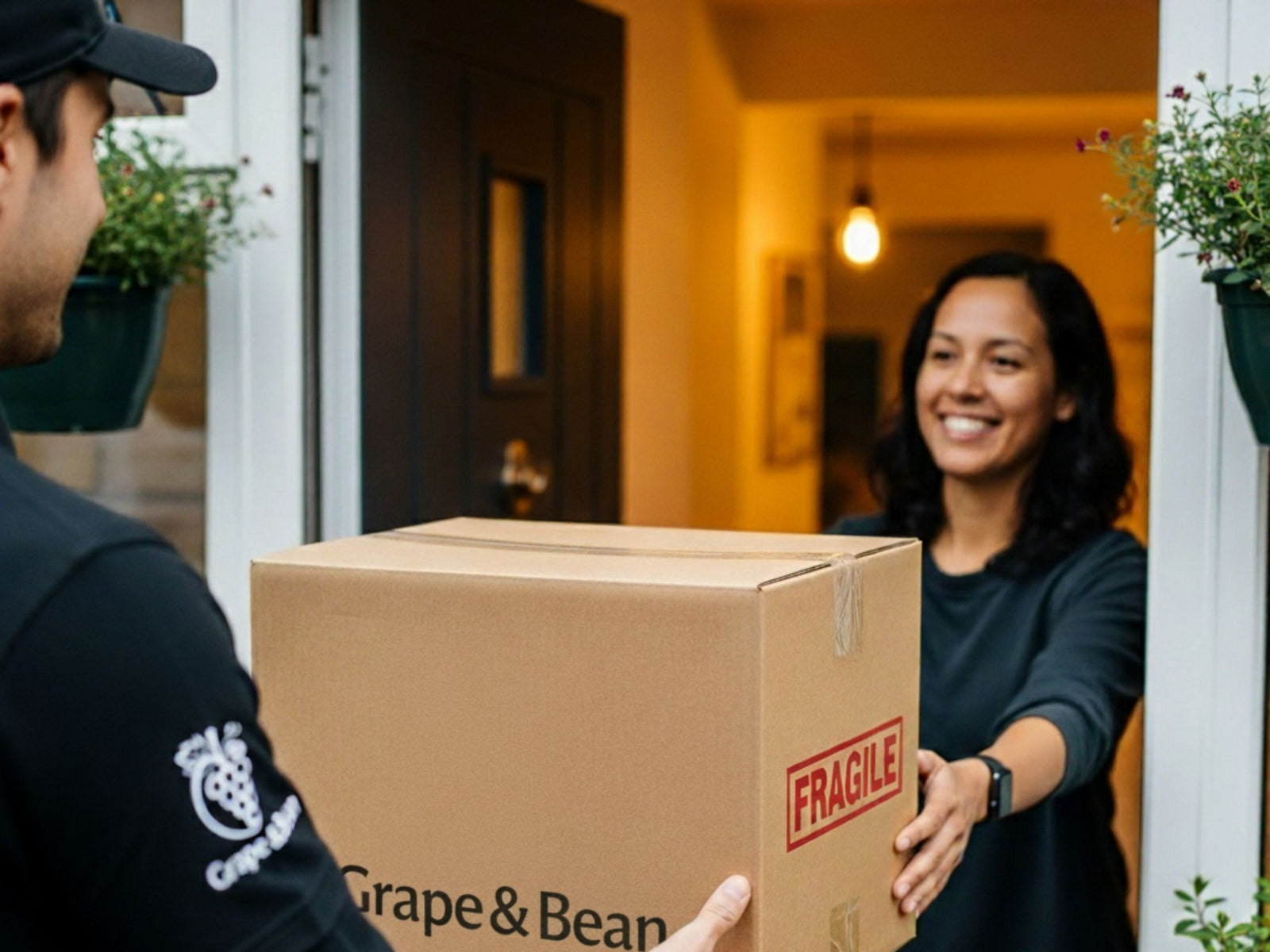Person receiving a box from a delivery person with 'Grape & Bean' branding.