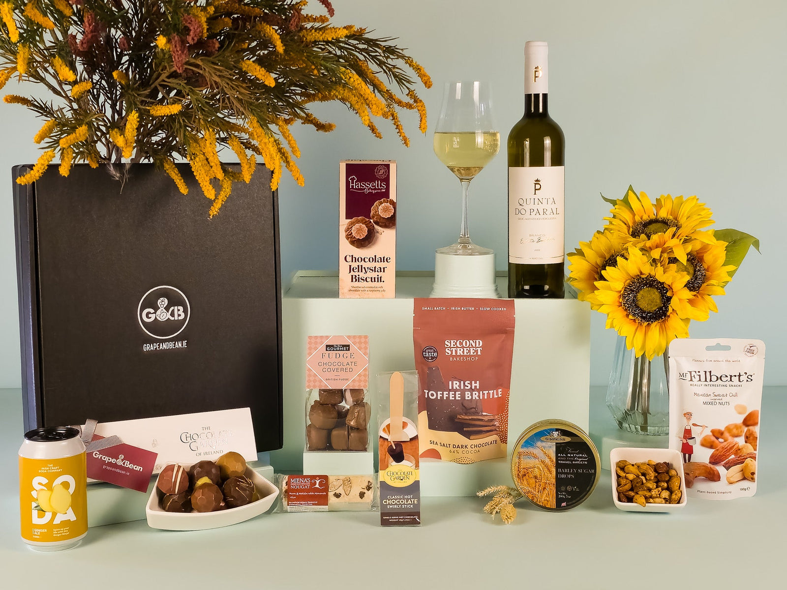 Sweet Treats Hamper with White Wine, toffee, nuts, soda, chocolate, nougat,biscuits