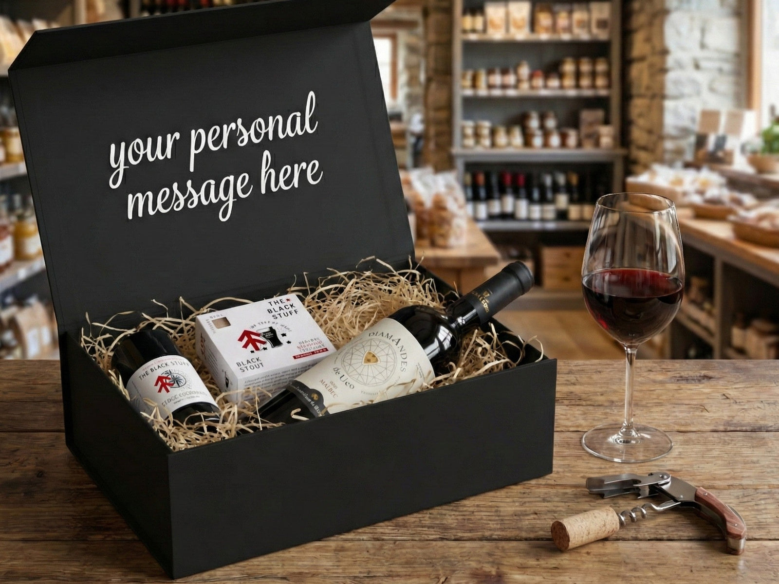 Wine gift set with bottles, a glass, and corkscrew in a black box with 'your personal message here' text.