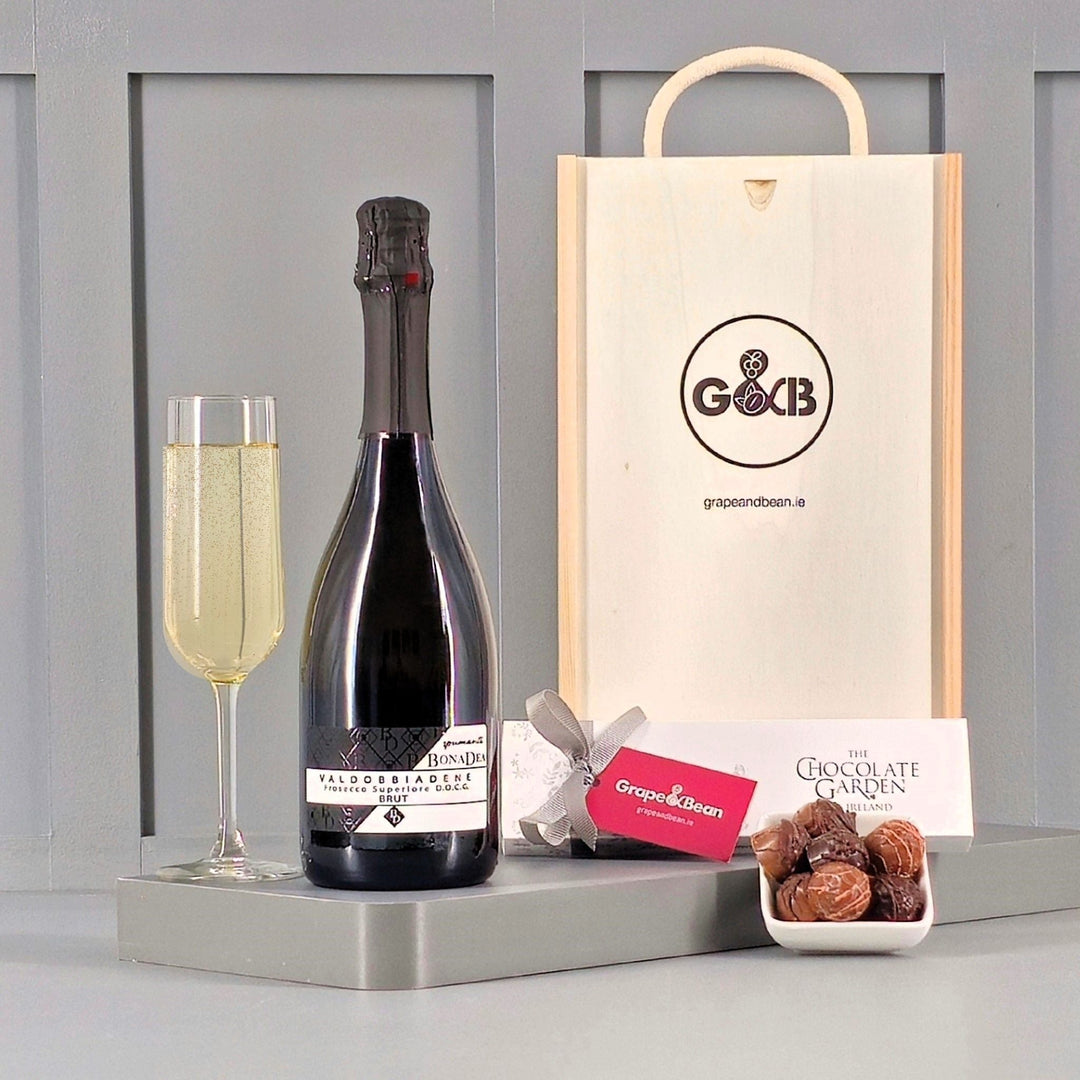 Valdobiadene Prosecco DOCG Brut & Irish Chocolates in a Gift Box - Grape & Bean