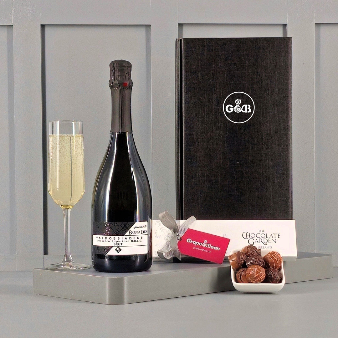 Valdobiadene Prosecco DOCG Brut & Irish Chocolates in a Gift Box - Grape & Bean