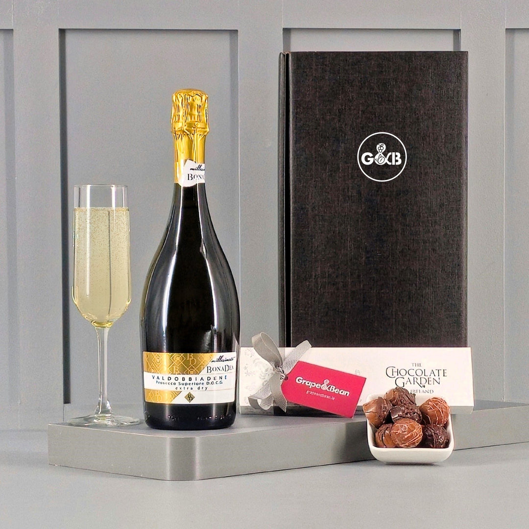 Valdobiadene Prosecco DOCG Extra Dry and Irish Chocolates in a Gift Box - Grape & Bean