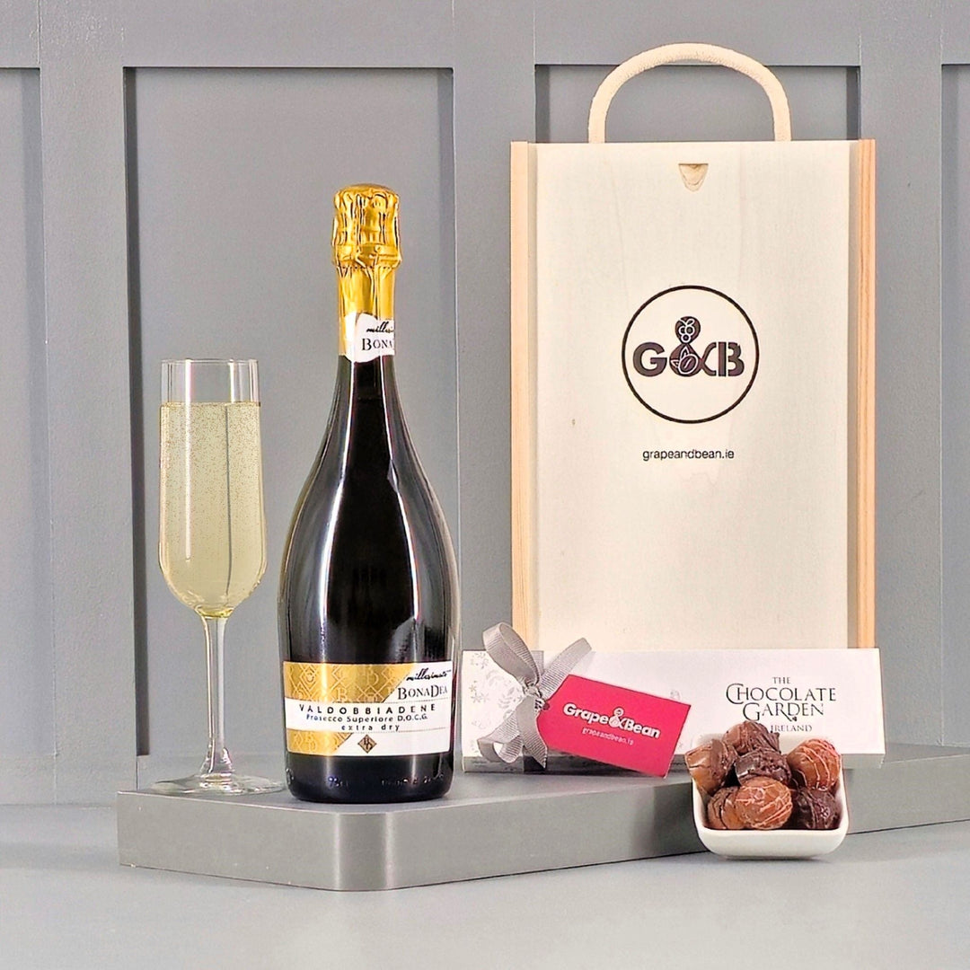 Valdobiadene Prosecco DOCG Extra Dry and Irish Chocolates in a Gift Box - Grape & Bean