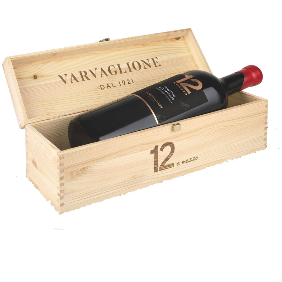 Varvaglione 12 e Mezzo Primitivo Magnum 1.5lt in Wooden Box, Puglia Italy - Grape & Bean