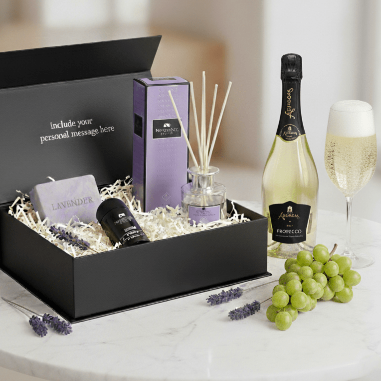 Wine &amp; Unwind - Lovely Lavender and Organic Prosecco Gift Set - Grape &amp; Bean