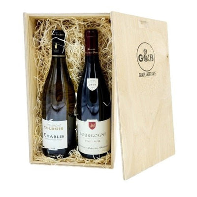 Burgundy Classic Red & White Wine Wooden Gift Box Twin - Grape & Bean