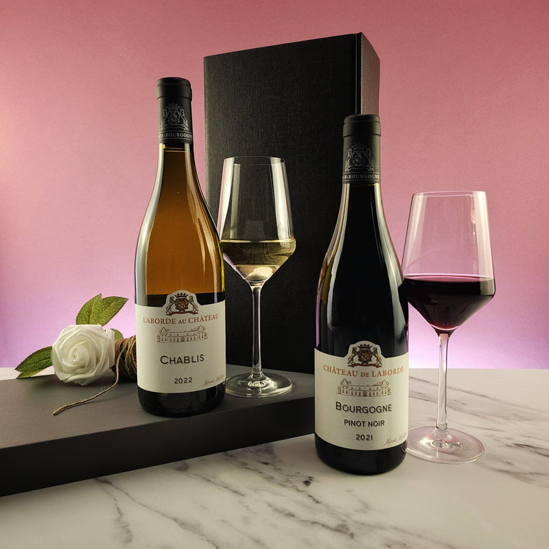 Burgundy Pinot Noir Red and Chablis White Wine Gift - 2 bottles - Grape & Bean