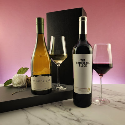Cloudy Bay Sauvignon Blanc White and Chocolate Block Red Wine Gift - 2 bottles - Grape & Bean