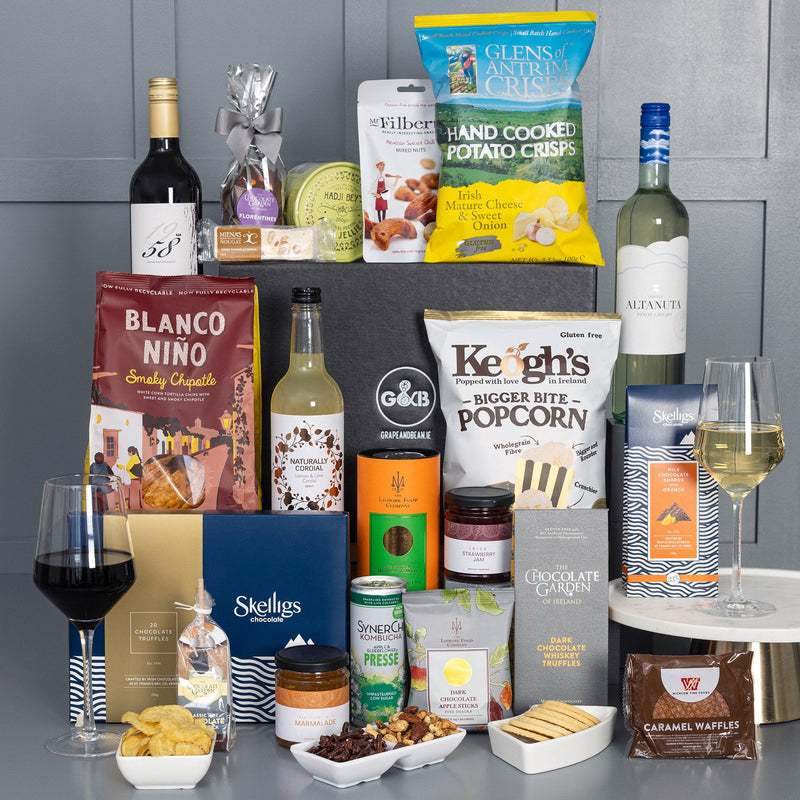Deluxe Treats of Ireland Hamper with red and white wine - Grape & Bean