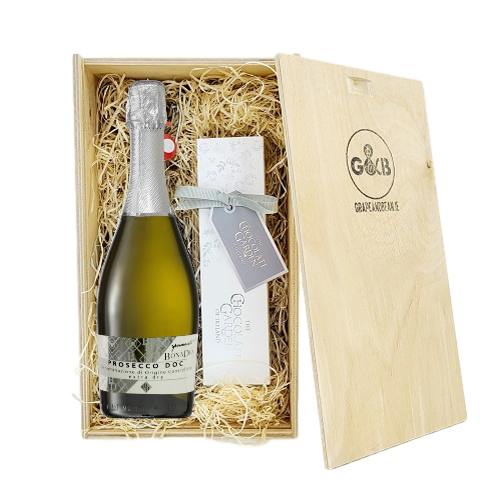 G&B Wooden Wine Gift Box - chocolate & bubbles - Grape & Bean