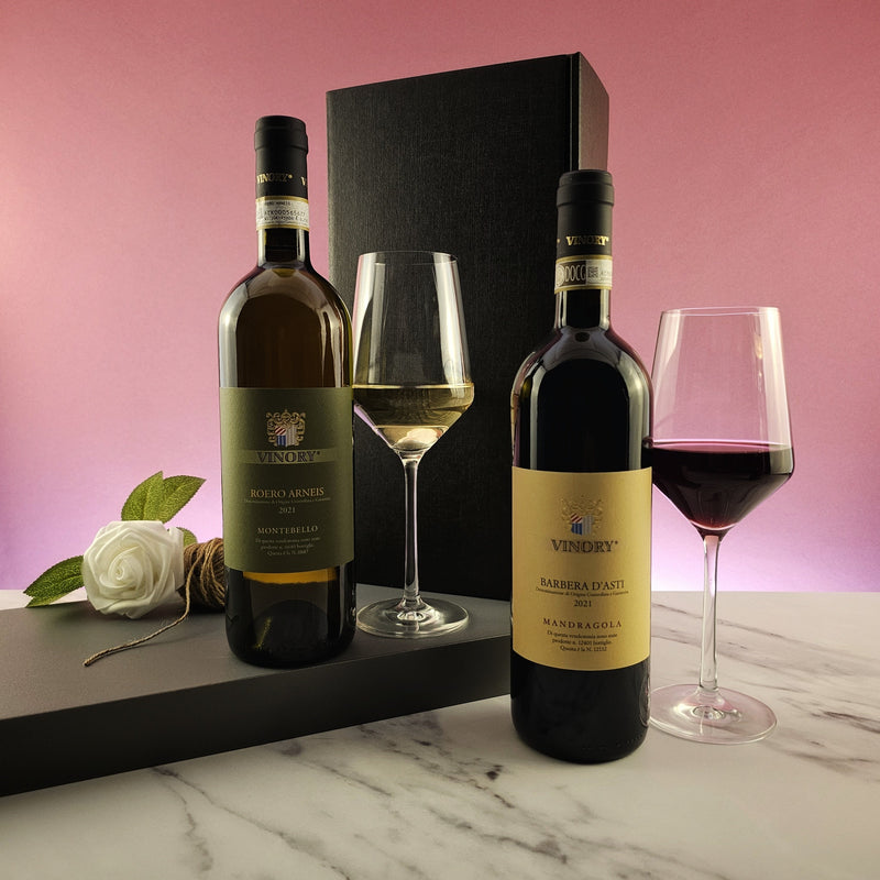 Vinory Piemonte Italy Barbera Dasti Red and Roero Arneis Wine Gift - 2 bottles - Grape & Bean