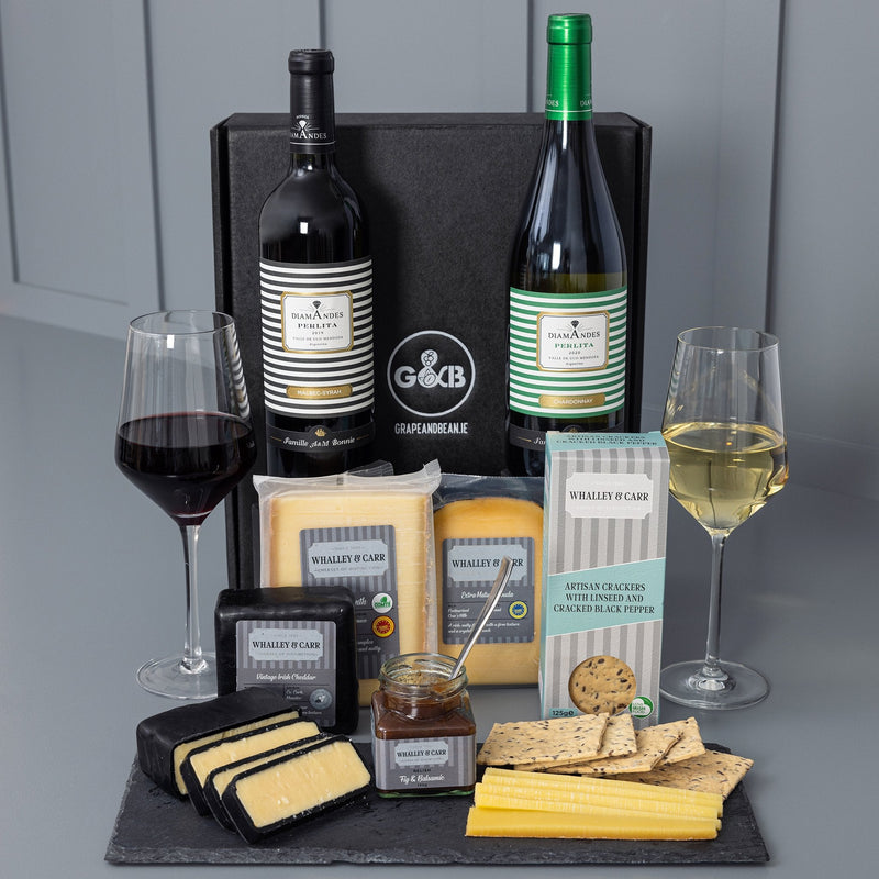 Whalley & Carr Cheeseboard with red and white organic wine - Grape & Bean