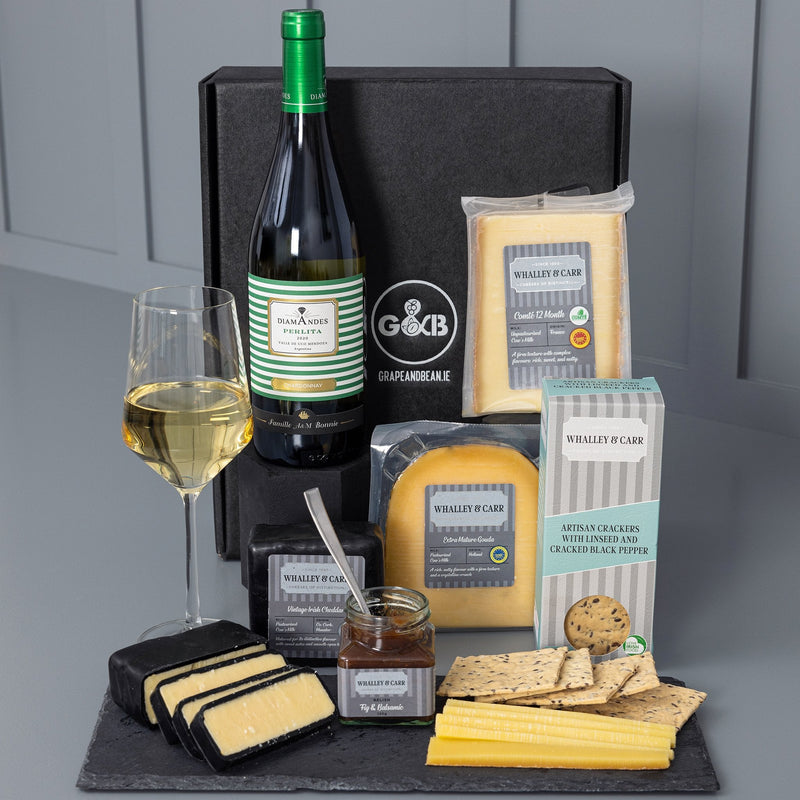 Whalley & Carr Cheeseboard with white organic wine - Grape & Bean